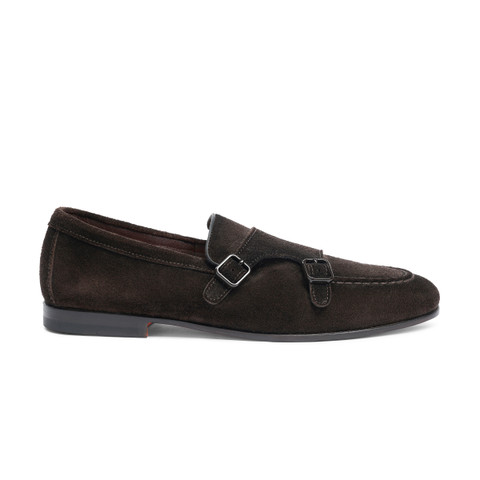 Men's dark brown suede double-buckle loafer | Santoni Shoes