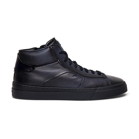 Men’s polished blue leather sneaker | Santoni Shoes